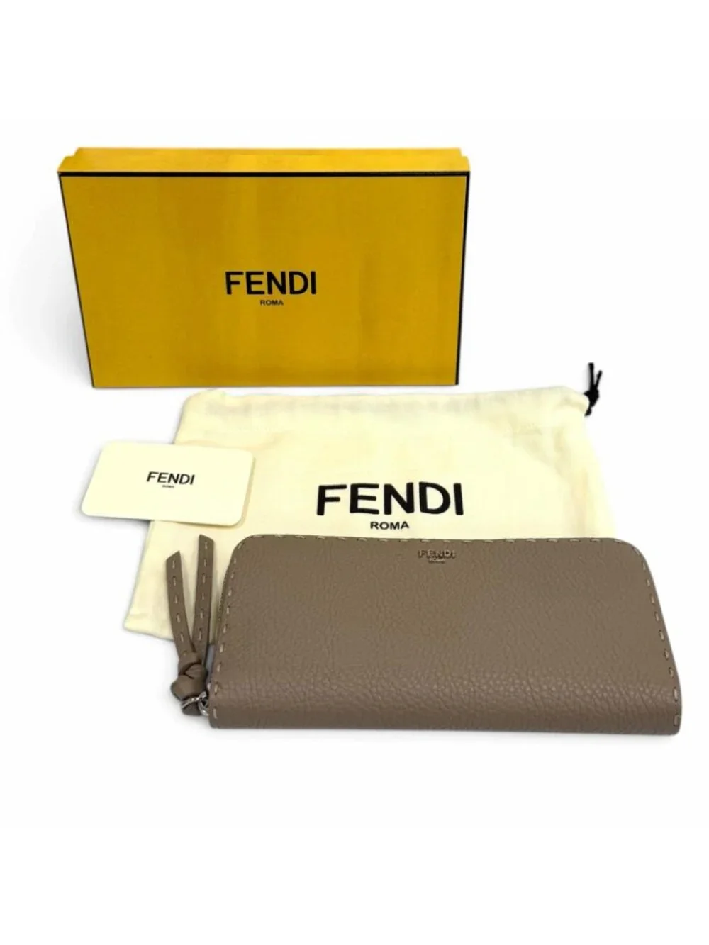 Fendi Dove Gray Logo Selleria Peekaboo Zip Around Leather Wallet